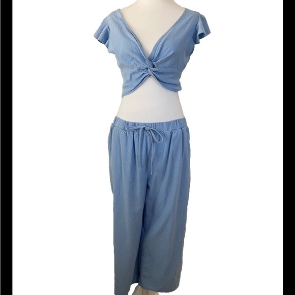 Shein 2 Piece Blue Crop 100% Cotton Summer Pant Set 8 / 10 - Picture 1 of 5